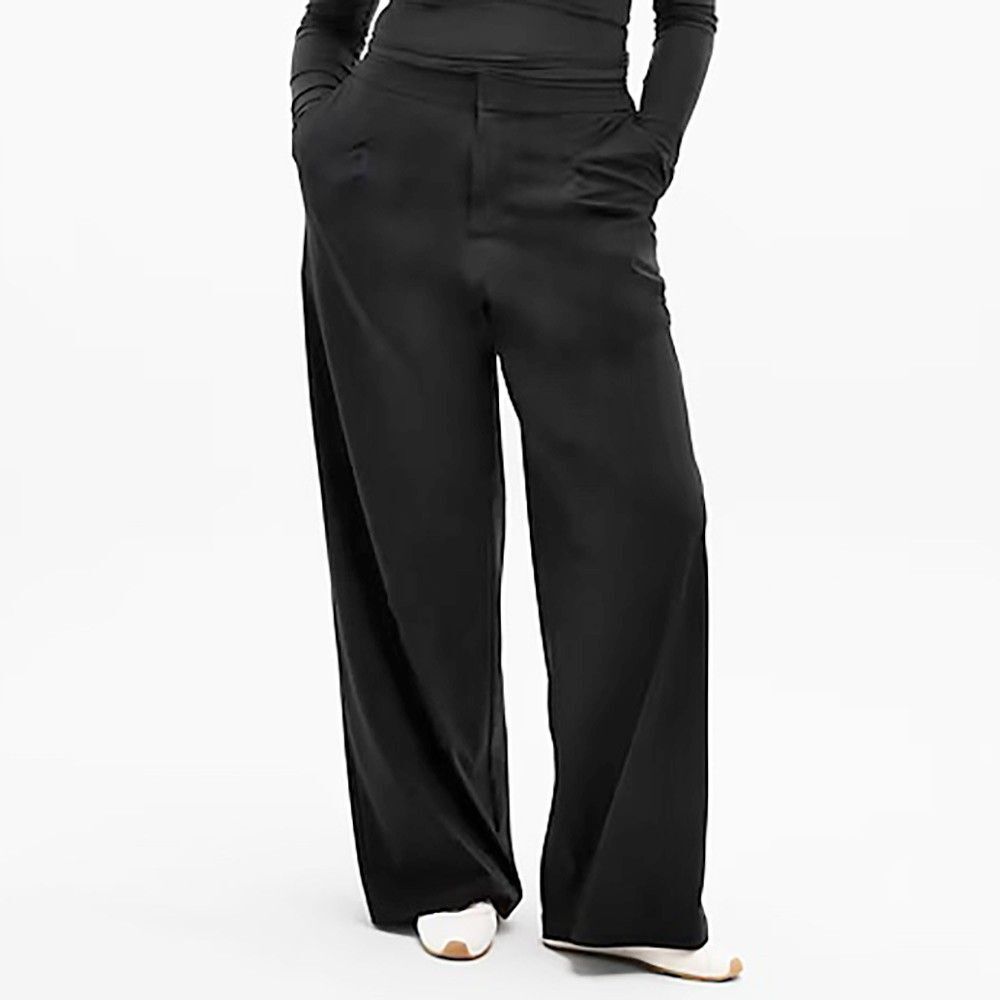 Athleta Pinnacle High Rise Trouser Pants Size 14 Tall Black Wide Leg Pockets